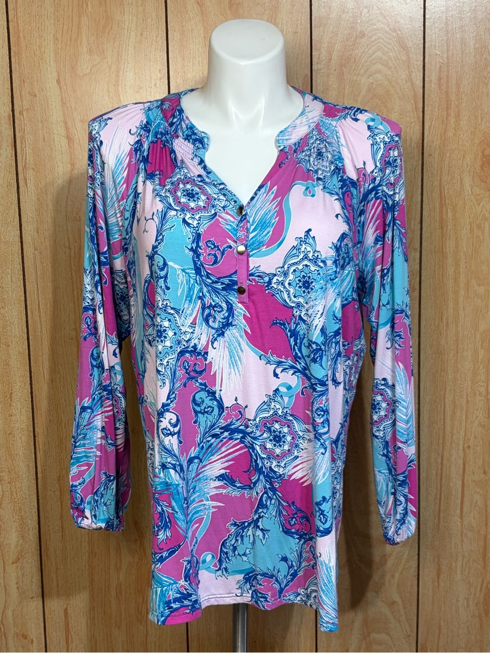 Belle by Kim Gravel Pink and Blue Paisley-Print Henley Top SZ - 1X